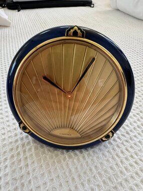 CARTIER MUST DE CARTIER GILT AND BLUE LACQUER DESK CLOCK
